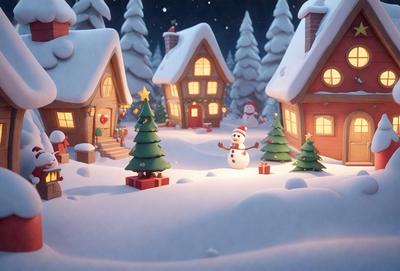 The primary subject of the image is a snowman standing in the snow. The setting is a snowy village with houses and trees in the background. The visual style is digital art, and the colors and mood are predominantly white and cold, creating a wintery atmosphere.